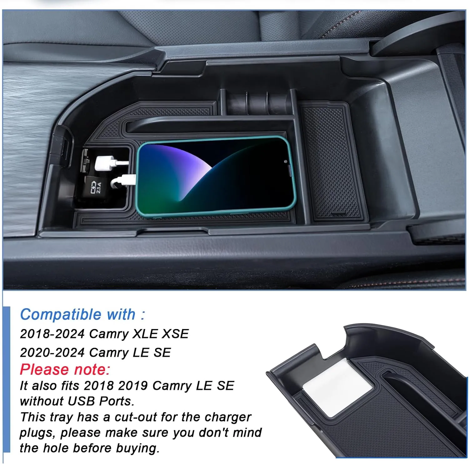 TOPINSTALL Center Console Tray Compatible with 2018-2024 Toyota Camry XLE XSE and 2020-2024 Camry LE SE with Dual USB Ports, Interior Accessories Armrest Console Organizer (Not for 2025)