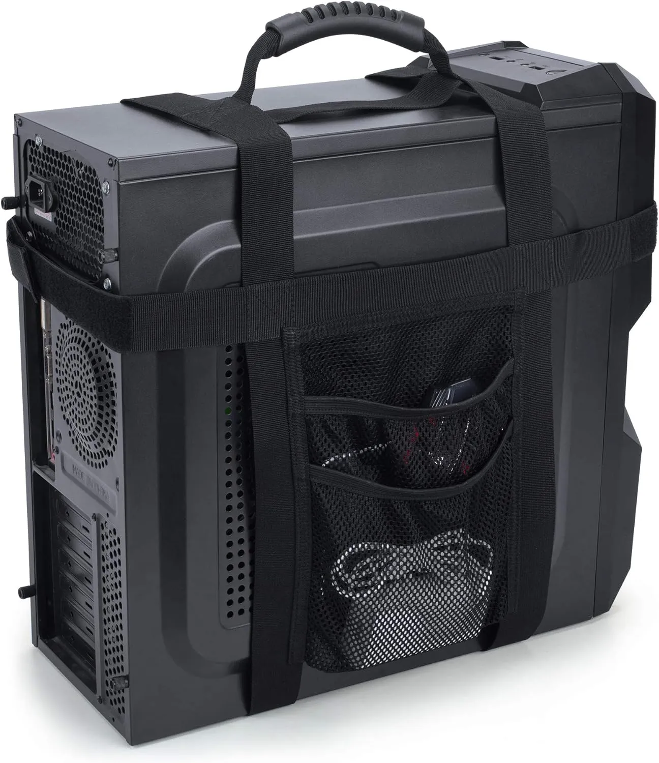 Trunab PC Tower Carrying Strap with Rubber Handle, Desktop Carrying Case Belt Computer Travel Holder with Pockets for Cable, Mouse, Ideal for Transporting On The Go - Patented Design