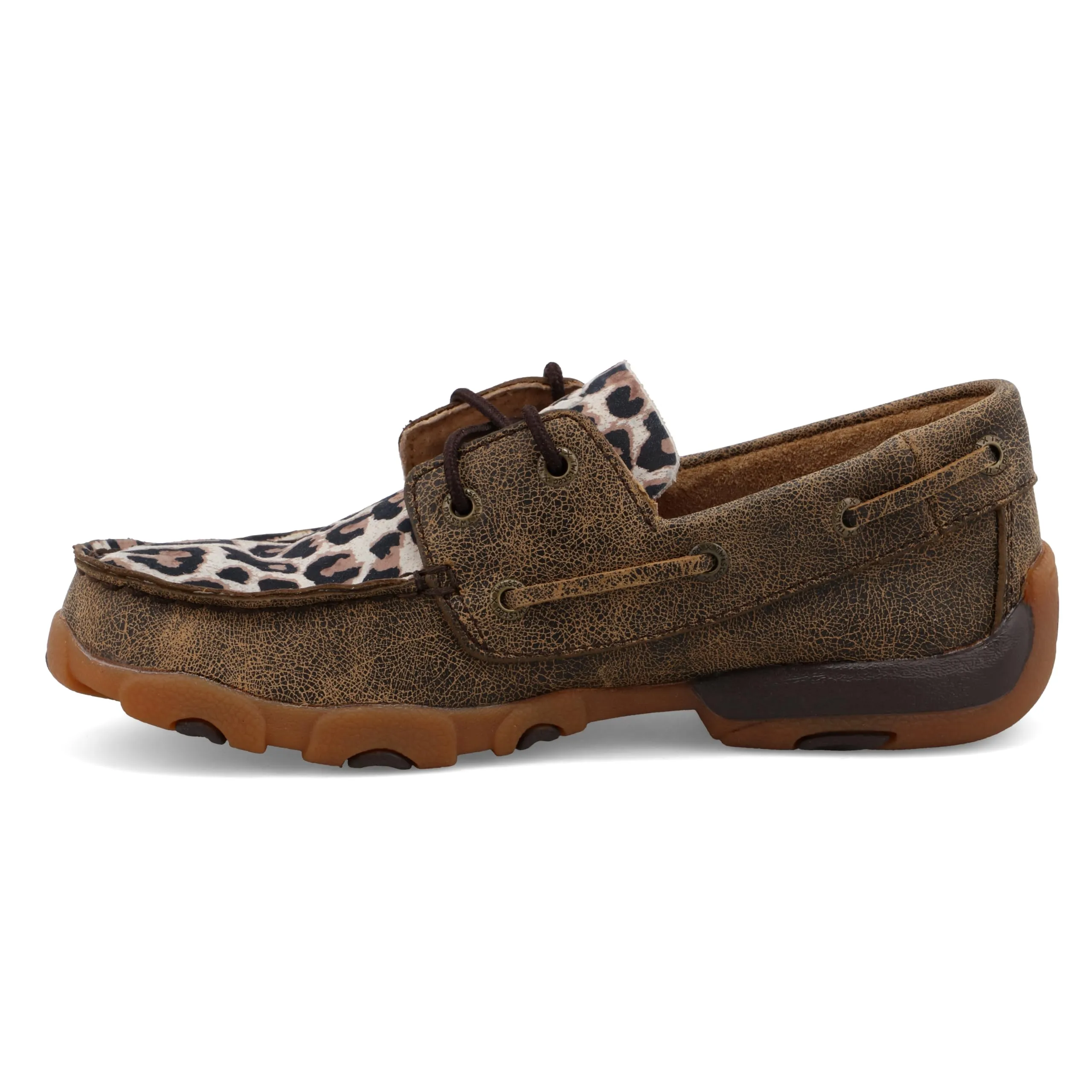 Twisted X Kid's Boat Shoe Driving Moc, Moc Toe, Distressed & Leopard, 2.5 M
