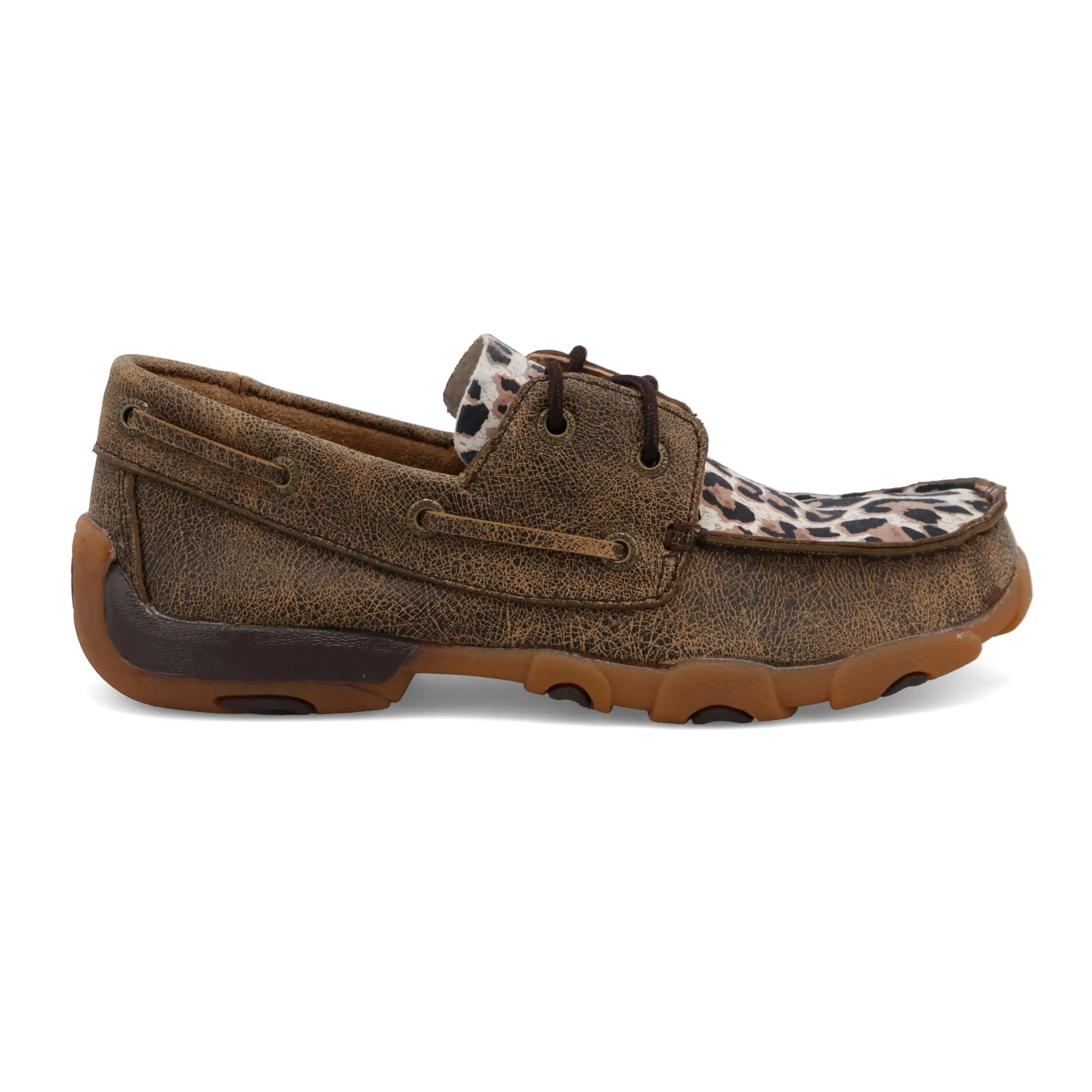 Twisted X Kid's Boat Shoe Driving Moc, Moc Toe, Distressed & Leopard, 2.5 M