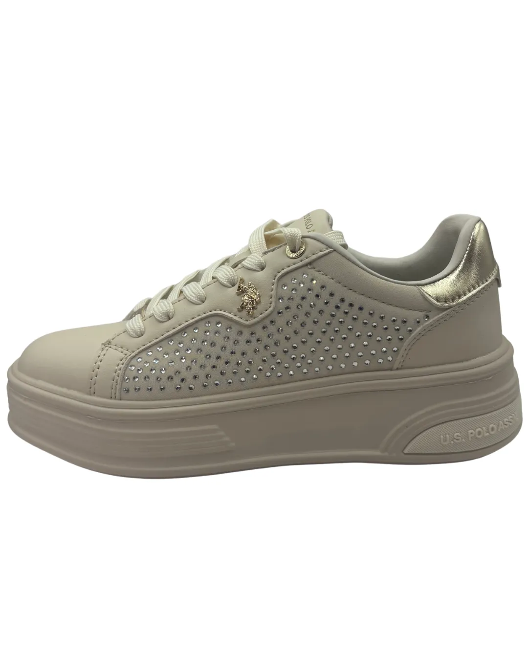US Polo Cream Platform Trainer with Diamanté Detail