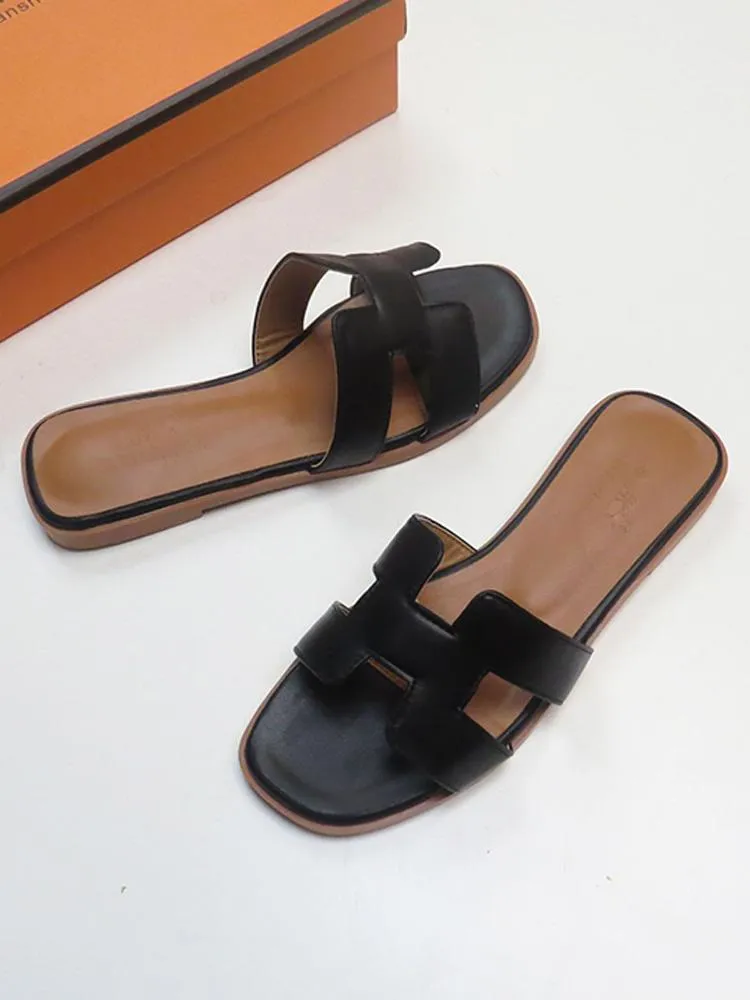 Vegan Leather Square-toe Single Band Slip-on Flat Sandals For Women