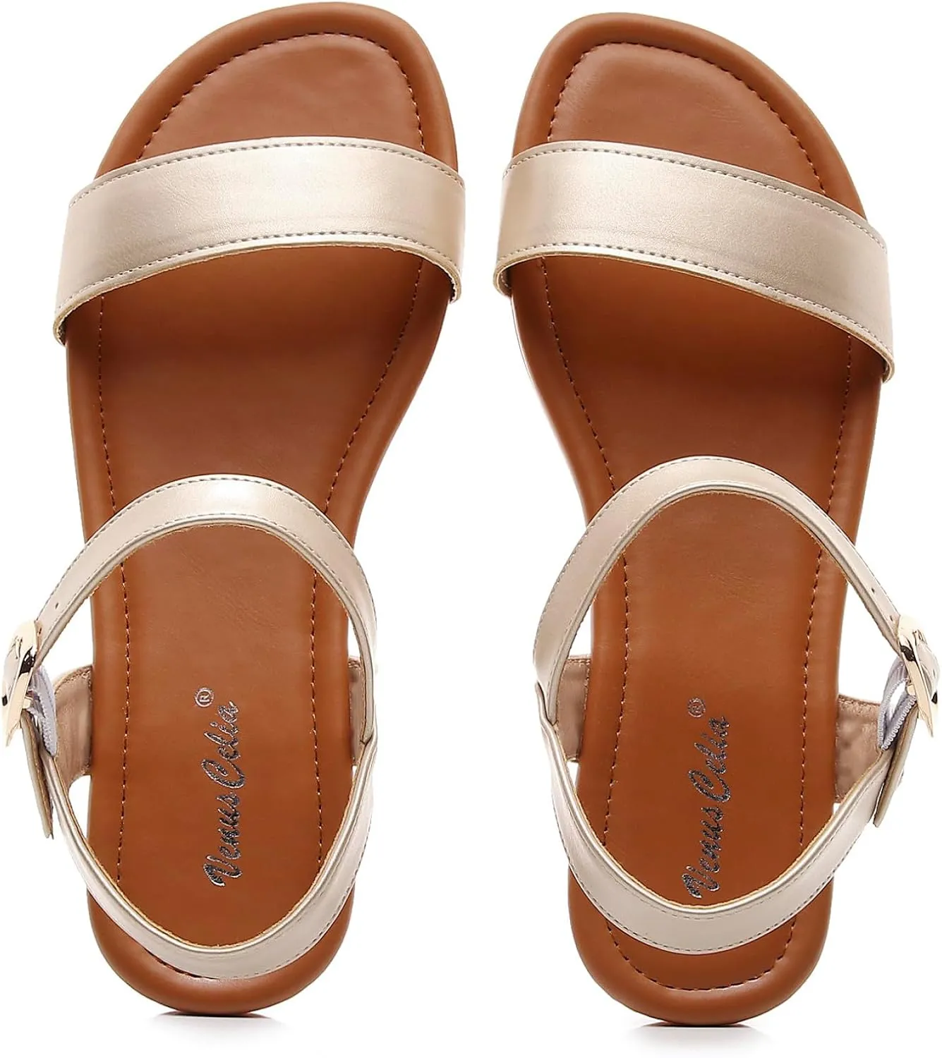 VenusCelia Women's Plain Strap Wide Flat Sandal