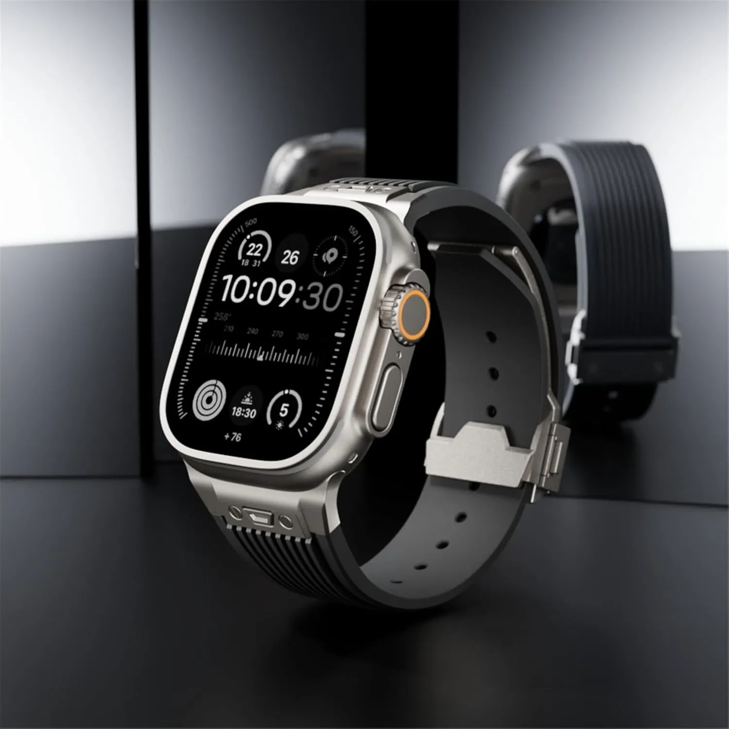 Watch Band for Apple Watch Ultra 2 Band 49mm 46mm 45mm 44mm, Men Luxury Rugged Silicone Rubber Strap with Metal Connector & Folding Clasp for iWatch Series 10 9 8 7 6 5 4 3 2 1 SE