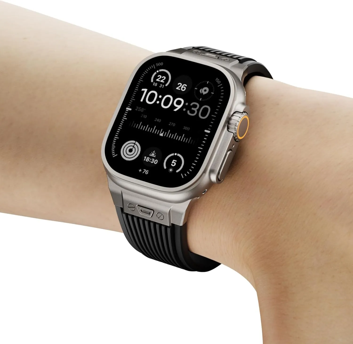 Watch Band for Apple Watch Ultra 2 Band 49mm 46mm 45mm 44mm, Men Luxury Rugged Silicone Rubber Strap with Metal Connector & Folding Clasp for iWatch Series 10 9 8 7 6 5 4 3 2 1 SE