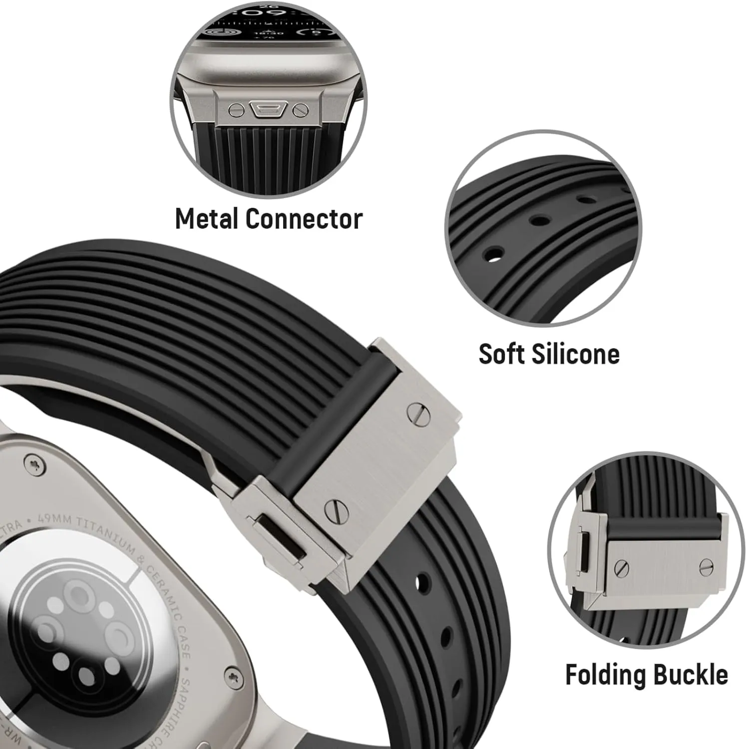Watch Band for Apple Watch Ultra 2 Band 49mm 46mm 45mm 44mm, Men Luxury Rugged Silicone Rubber Strap with Metal Connector & Folding Clasp for iWatch Series 10 9 8 7 6 5 4 3 2 1 SE