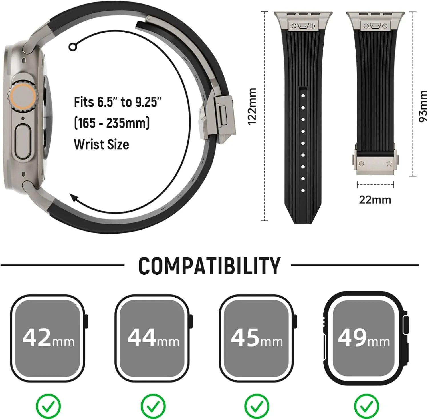 Watch Band for Apple Watch Ultra 2 Band 49mm 46mm 45mm 44mm, Men Luxury Rugged Silicone Rubber Strap with Metal Connector & Folding Clasp for iWatch Series 10 9 8 7 6 5 4 3 2 1 SE