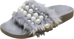Wild Diva Women's Matty-04A Embellished Pearl Faux Fur Platform Wedge Slide Sandal
