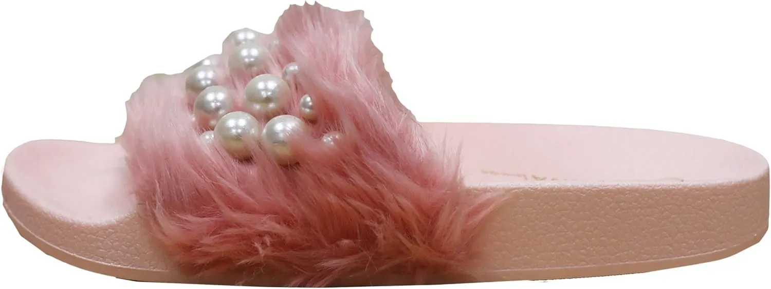 Wild Diva Women's Matty-04A Embellished Pearl Faux Fur Platform Wedge Slide Sandal
