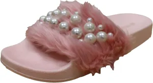 Wild Diva Women's Matty-04A Embellished Pearl Faux Fur Platform Wedge Slide Sandal