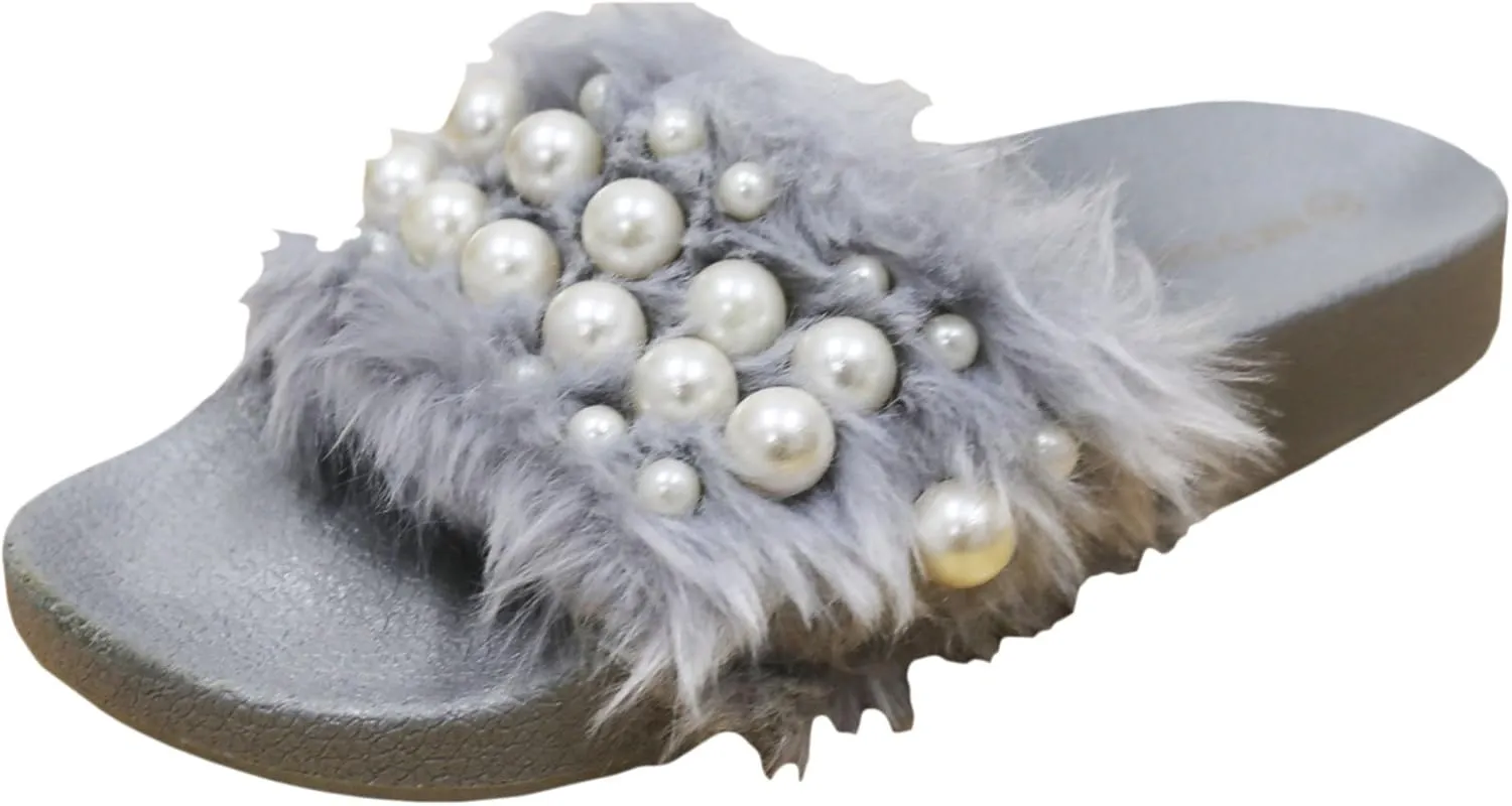 Wild Diva Women's Matty-04A Embellished Pearl Faux Fur Platform Wedge Slide Sandal