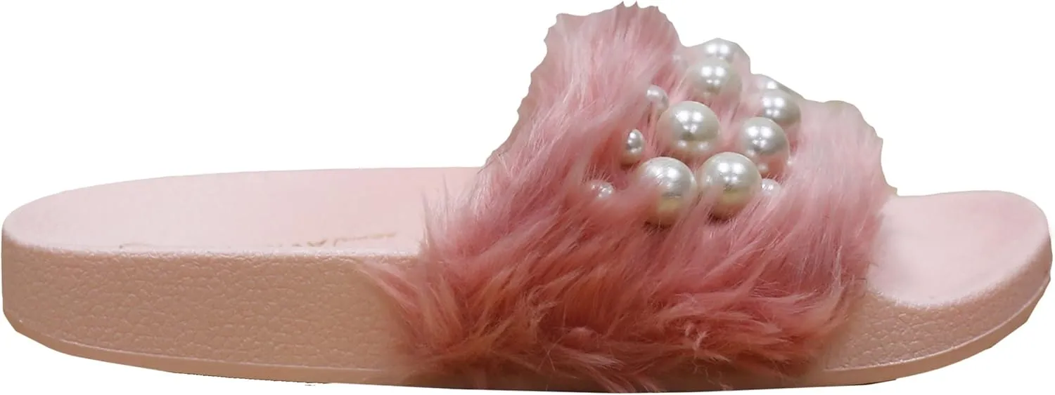 Wild Diva Women's Matty-04A Embellished Pearl Faux Fur Platform Wedge Slide Sandal