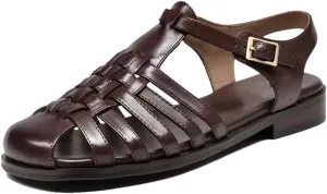 Womens Buckle Strap Front Rear Strap Flat Heel Open Side Vamp Gladiator Sandals Cow Leather Retro Roman Casual Summer Sandals