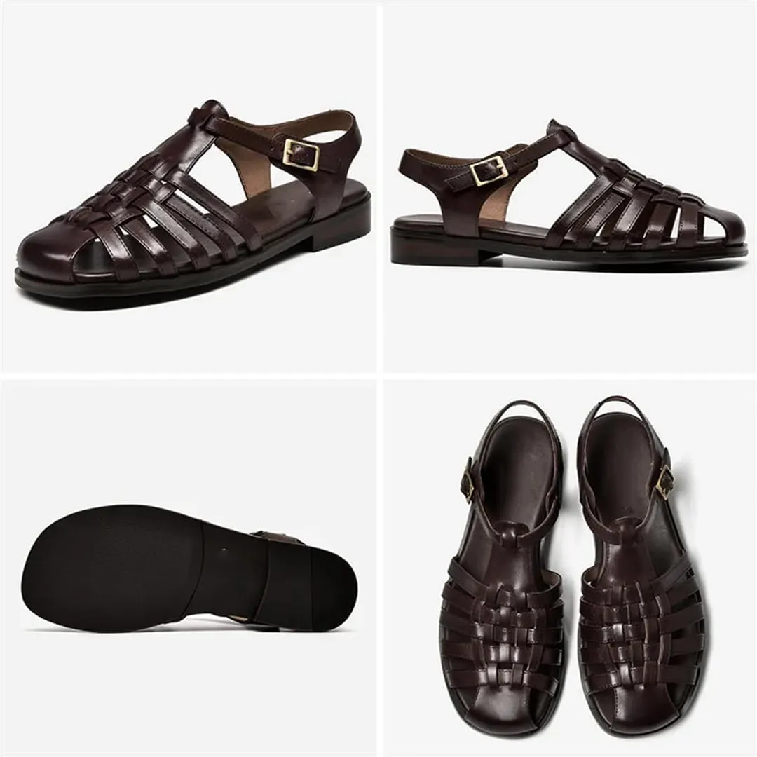 Womens Buckle Strap Front Rear Strap Flat Heel Open Side Vamp Gladiator Sandals Cow Leather Retro Roman Casual Summer Sandals