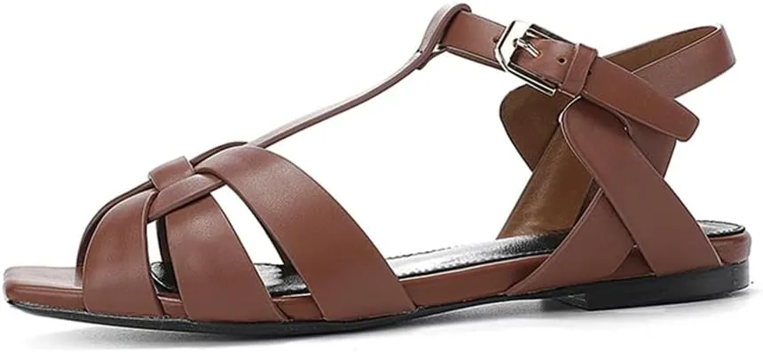 Womens Buckle Strap Front Rear Strap Flat Heel Open Side Vamp Modern Sandals Leather Summer Sandals