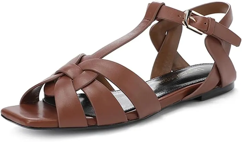Womens Buckle Strap Front Rear Strap Flat Heel Open Side Vamp Modern Sandals Leather Summer Sandals