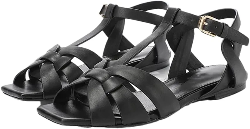 Womens Buckle Strap Front Rear Strap Flat Heel Open Side Vamp Modern Sandals Leather Summer Sandals
