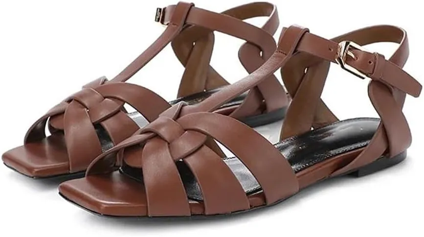 Womens Buckle Strap Front Rear Strap Flat Heel Open Side Vamp Modern Sandals Leather Summer Sandals