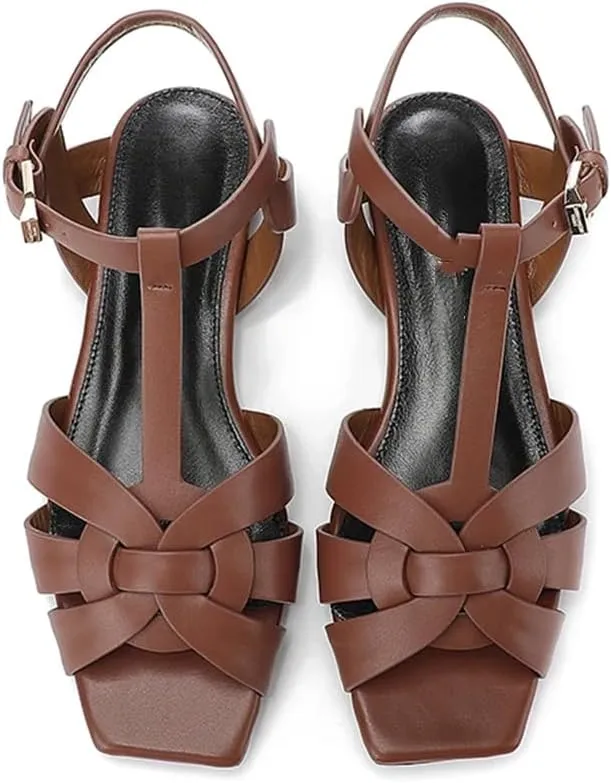 Womens Buckle Strap Front Rear Strap Flat Heel Open Side Vamp Modern Sandals Leather Summer Sandals