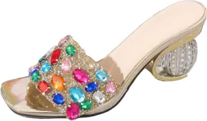 Women'S Colorful Rhinestone Slip-On Low Heel Sandals Sexy Square Open Toe Shiny Party Nightclub Non-Slip High Heel Slippers