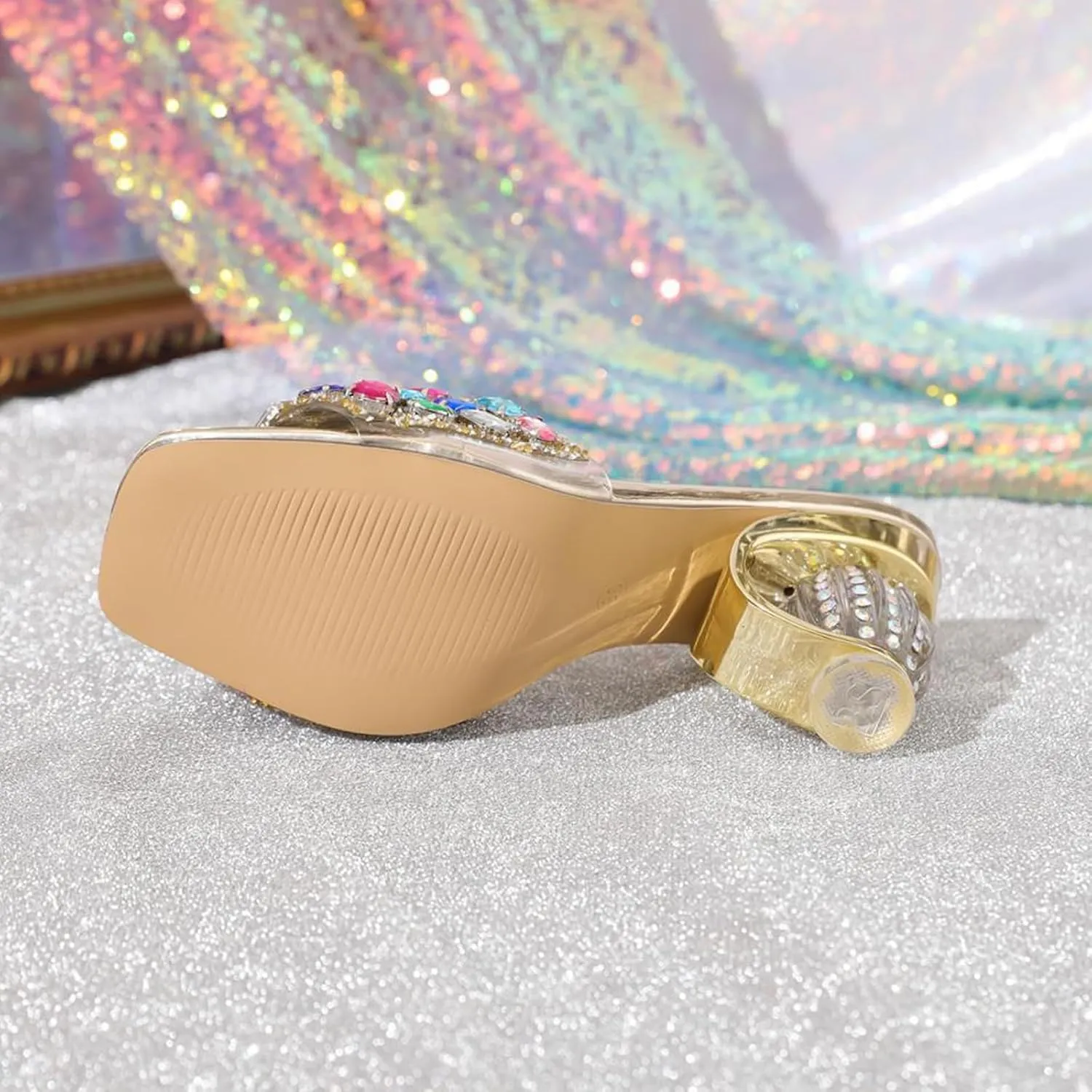 Women'S Colorful Rhinestone Slip-On Low Heel Sandals Sexy Square Open Toe Shiny Party Nightclub Non-Slip High Heel Slippers