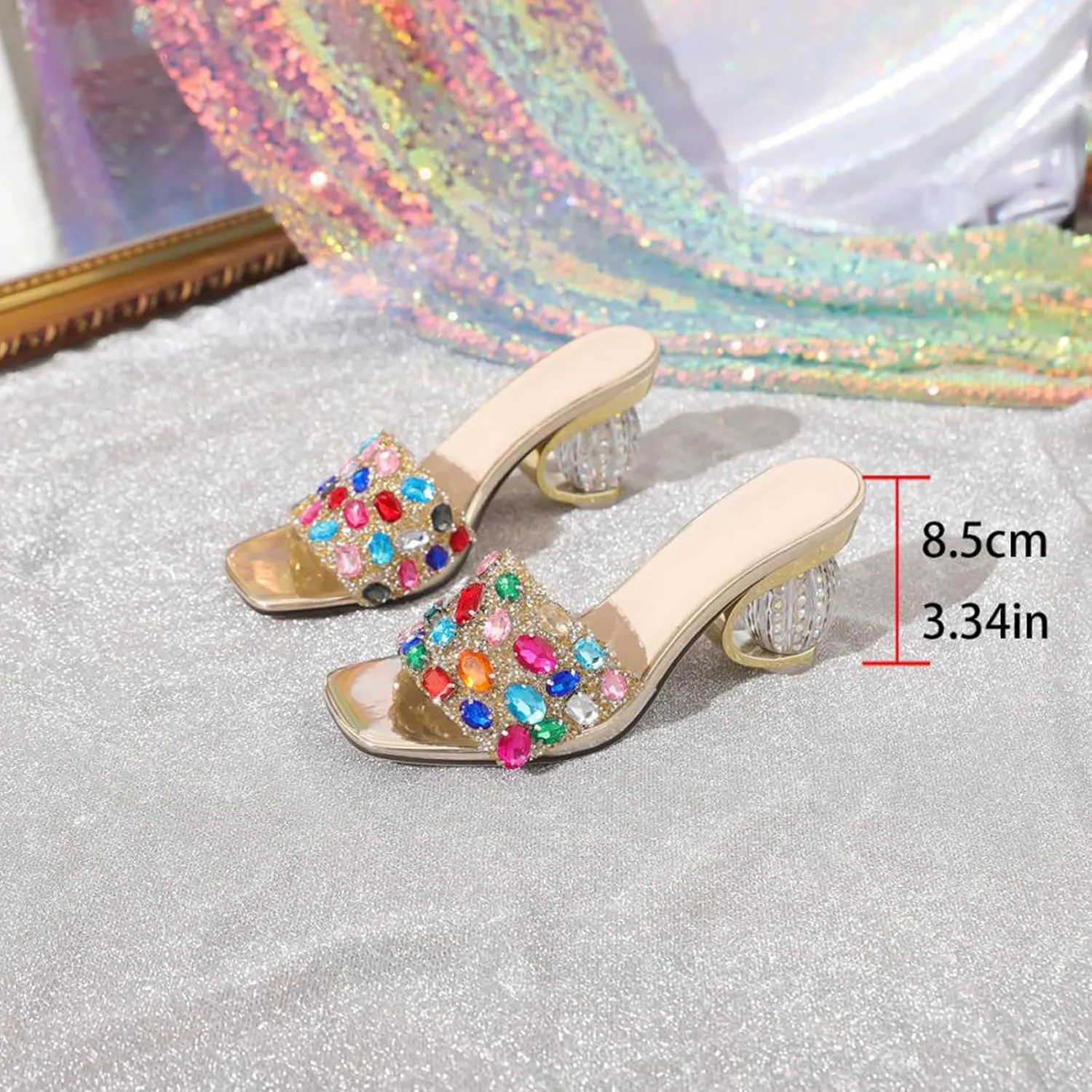 Women'S Colorful Rhinestone Slip-On Low Heel Sandals Sexy Square Open Toe Shiny Party Nightclub Non-Slip High Heel Slippers