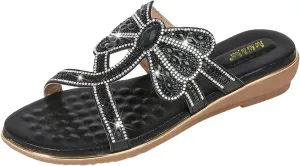 Women's Fashion Rhinestones Dragonfly Sandals T-Strap Bohemian Sandals Breathable Dressy Summer Outdoor Slip On Flat Shoes