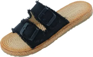 Womens Flat Slide Sandals with 2 Strap Adjustable Buckle Slip on Slides Shoes Non Slip Rubber Sole