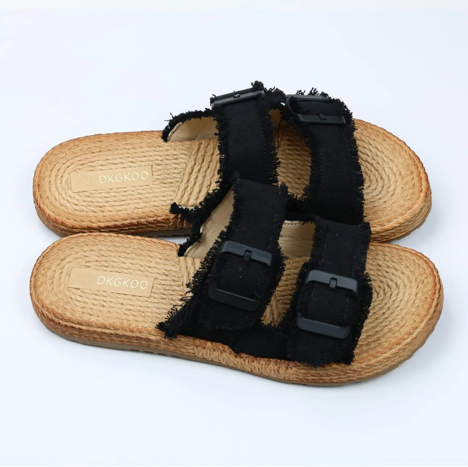Womens Flat Slide Sandals with 2 Strap Adjustable Buckle Slip on Slides Shoes Non Slip Rubber Sole