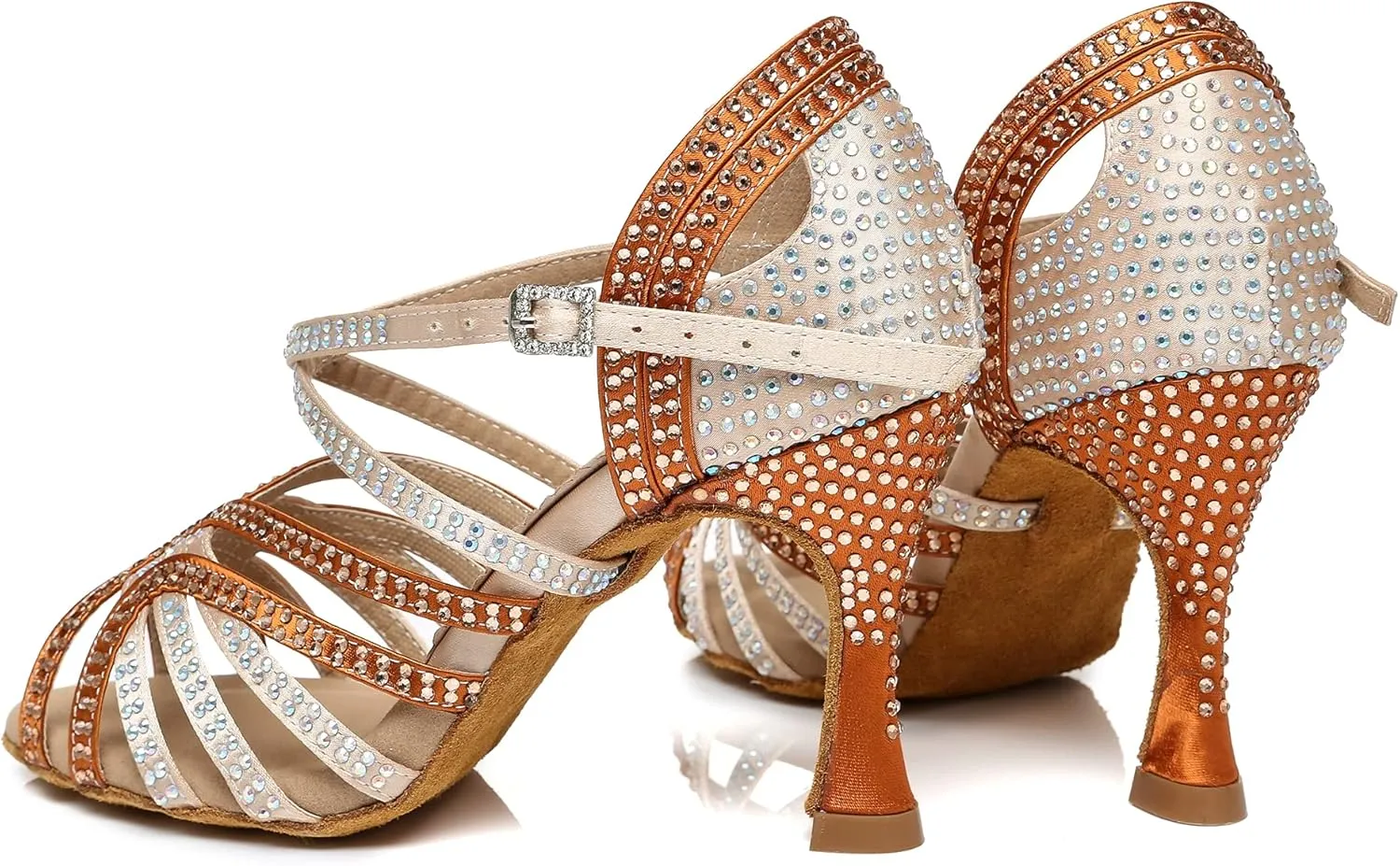 Womens Low High Heel Dance Shoes with Rhinestones Comfortable Wedding Evening Sandals