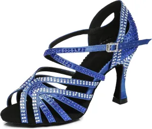 Womens Low High Heel Dance Shoes with Rhinestones Comfortable Wedding Evening Sandals