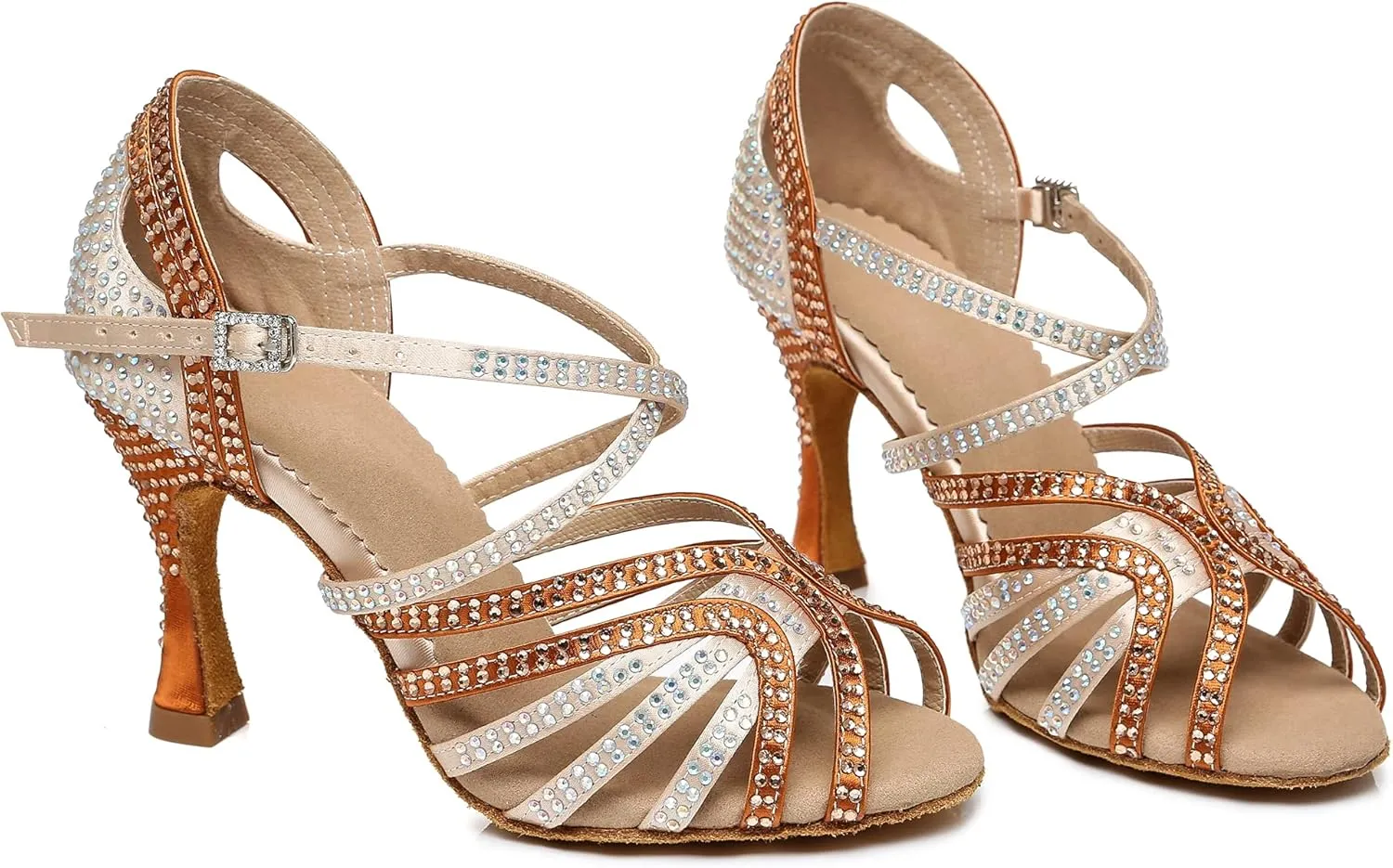 Womens Low High Heel Dance Shoes with Rhinestones Comfortable Wedding Evening Sandals