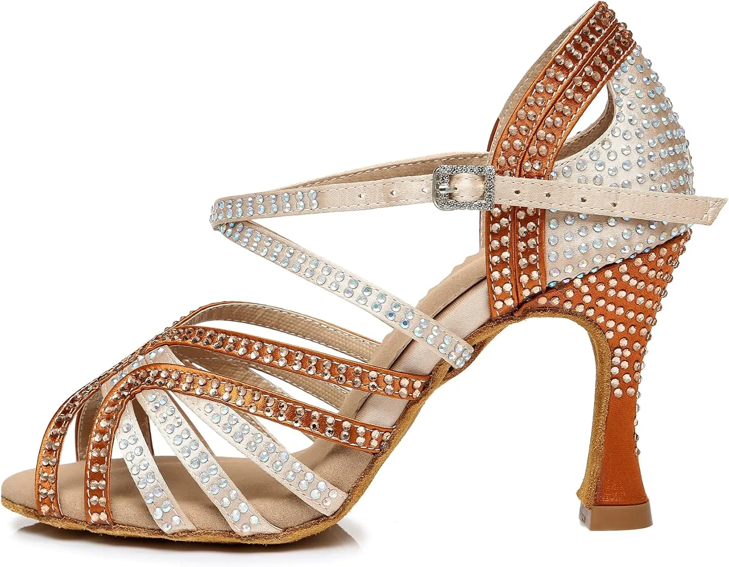 Womens Low High Heel Dance Shoes with Rhinestones Comfortable Wedding Evening Sandals
