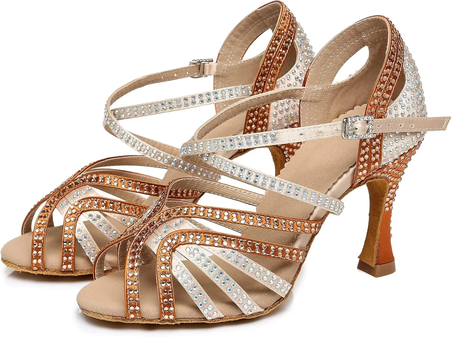 Womens Low High Heel Dance Shoes with Rhinestones Comfortable Wedding Evening Sandals