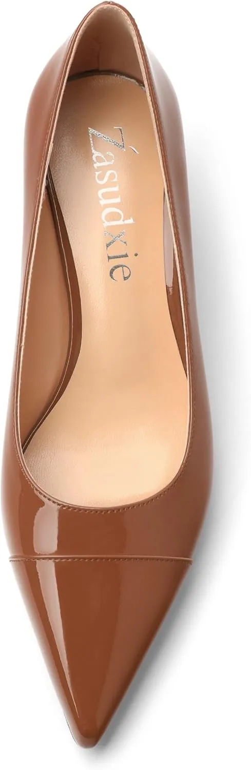 Womens Low Kitten Heels Pumps Pointed Toe Slip On Patent Leather Dressy Shoes 2 Inch
