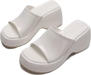 Women's Patent Leather Platform Wedge Sandals with Memory Foam Fish Mouth Open Toe Slip-On Height Increase Non-Slip Slides Sandals for Daily Casual Walking Beach