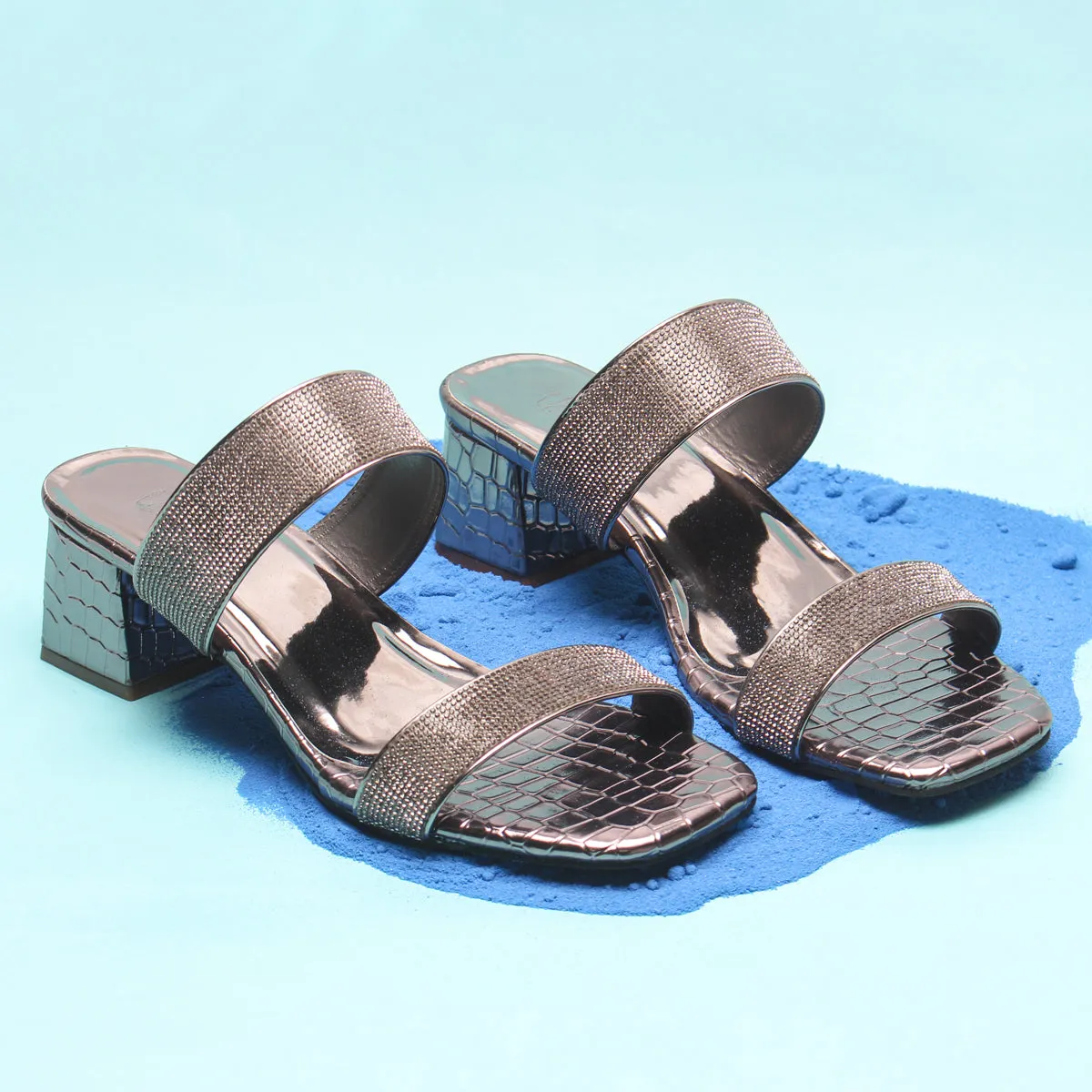 Womens "SEZEN" Block Heel Slide In Sandals