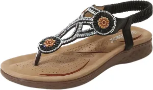Womens Sandals Elastic Ankle Strap Sandals Casual Summer Flowers Sequins Bohemia Dress Shoes Slip On Beach Shoes