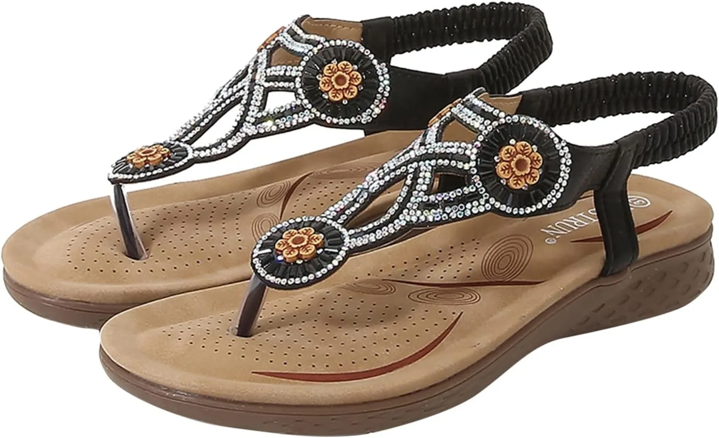 Womens Sandals Elastic Ankle Strap Sandals Casual Summer Flowers Sequins Bohemia Dress Shoes Slip On Beach Shoes