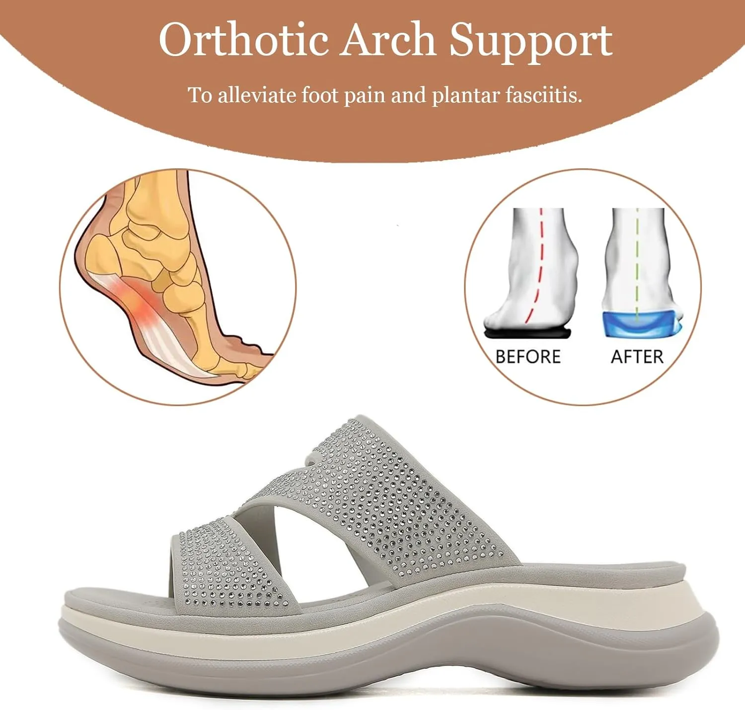 Women's Z-Strap Fashion Rhinestone Sandals with Arch Support,Comfortable Platform Slip On Cushion Slides for Beach Pool Bedroom