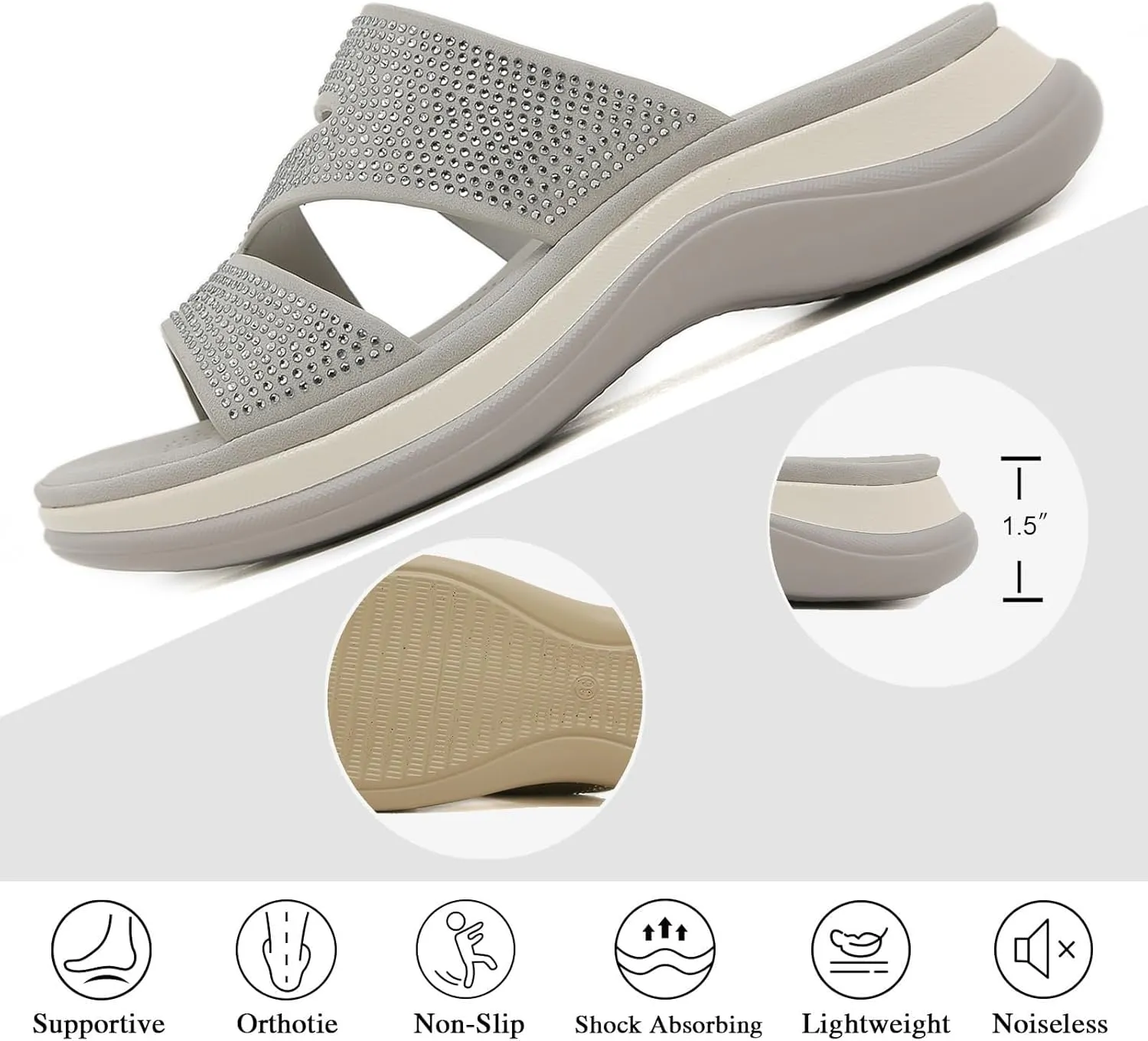 Women's Z-Strap Fashion Rhinestone Sandals with Arch Support,Comfortable Platform Slip On Cushion Slides for Beach Pool Bedroom