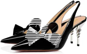 YDN Women Pointed Toe Slingback Slip on Dress Pumps Stiletto Mid Heels Evening Prom Sandals Shoes Bow Size 4-16 US